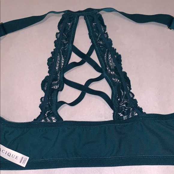 Cacique Boost Plunge Dark Teal Blue Lace Bra RacerBack Underwire Strappy 38DDD - Picture 5 of 11